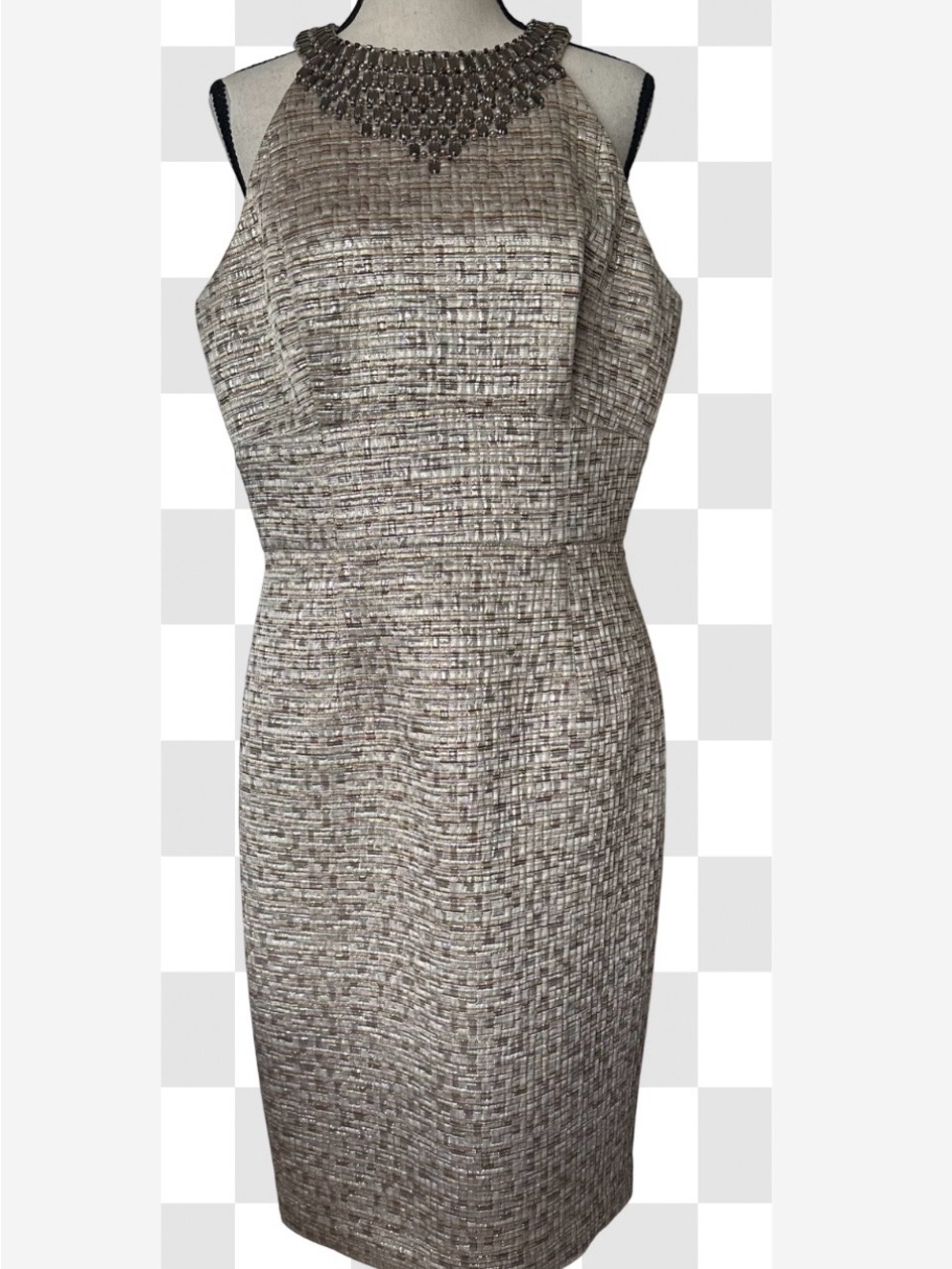 Maggy London Metallic Tweed Embellished Halter Sheath Midi Dress Chic Old Money